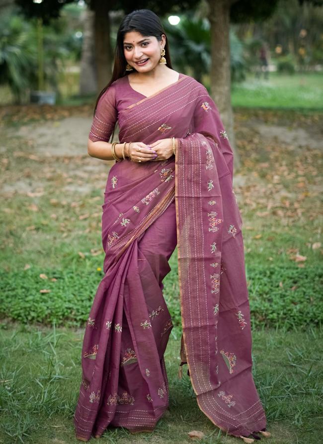 Tussar Silk Pink Daily Wear Thread Work Saree